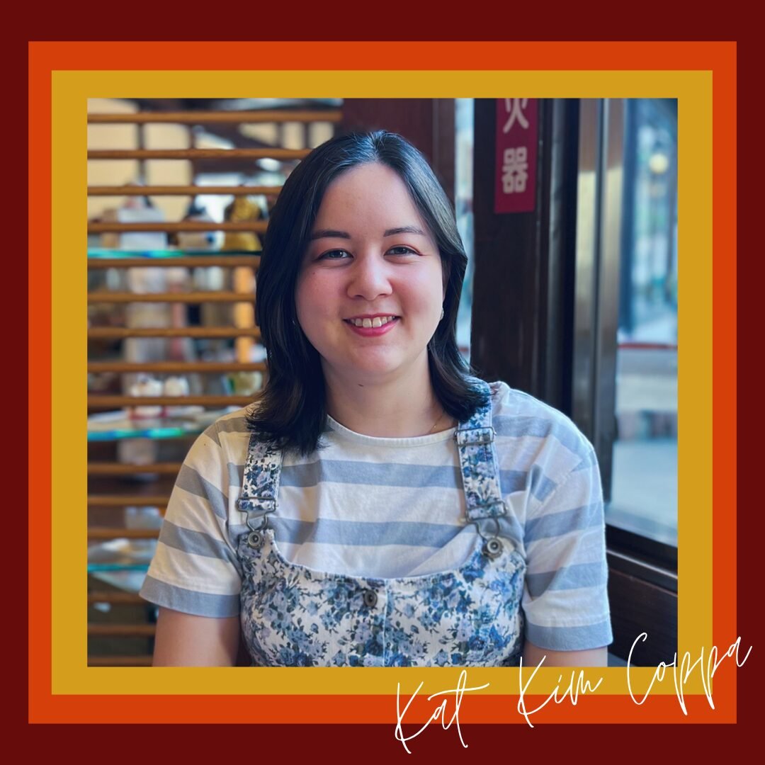 picture of kat - the mixed foodie with red, orange, and yellow background. Signed Kat Kim Coppa