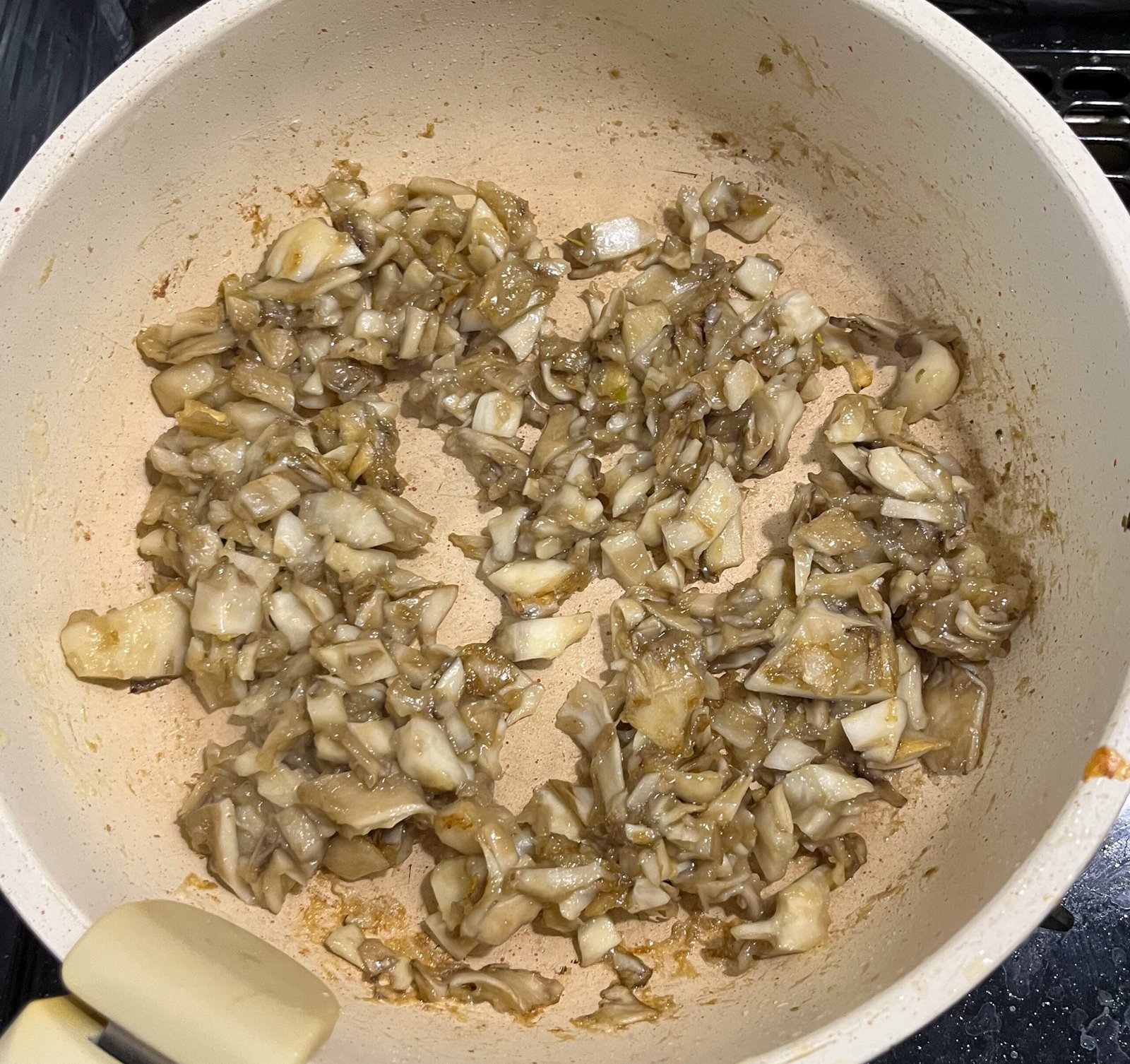 cream of mushroom soup maitake in a pan